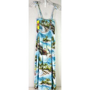 VTG RJC-Hawaii Made-Small Long Blue Dress Tropical Island Print 100% Rayon NWT